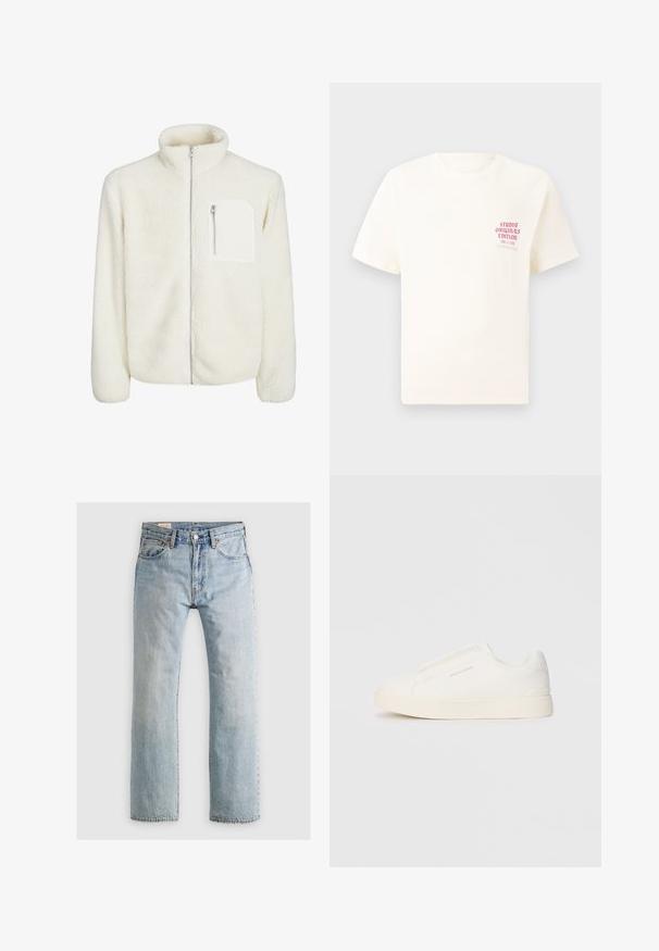 Λευκή φλις ζακέτα με ψηλό γιακά, μπροστινό φερμουάρ και μια μικρή τσέπη με φερμουάρ στο στήθος. Μαλακή υφή με πλούσια εμφάνιση.; Άσπρη κοντομάνικη μπλούζα με κόκκινο κείμενο "Studio Originals Edition" στο αριστερό στήθος, παρουσιασμένη σε ουδέτερο γκρι φόντο.; Ανοιχτό μπλε τζιν παντελόνι με ίσια γραμμή, σχεδίαση πέντε τ pockets και αντίθεση ραφής. Διαθέτει φερμουάρ και κούμπωμα από μέταλλο.; Λευκά slip-on παπούτσια με υφή, παχύ πάτο και μινιμαλιστικό σχέδιο. Φέρει το λογότυπο της μάρκας στο πλάι.