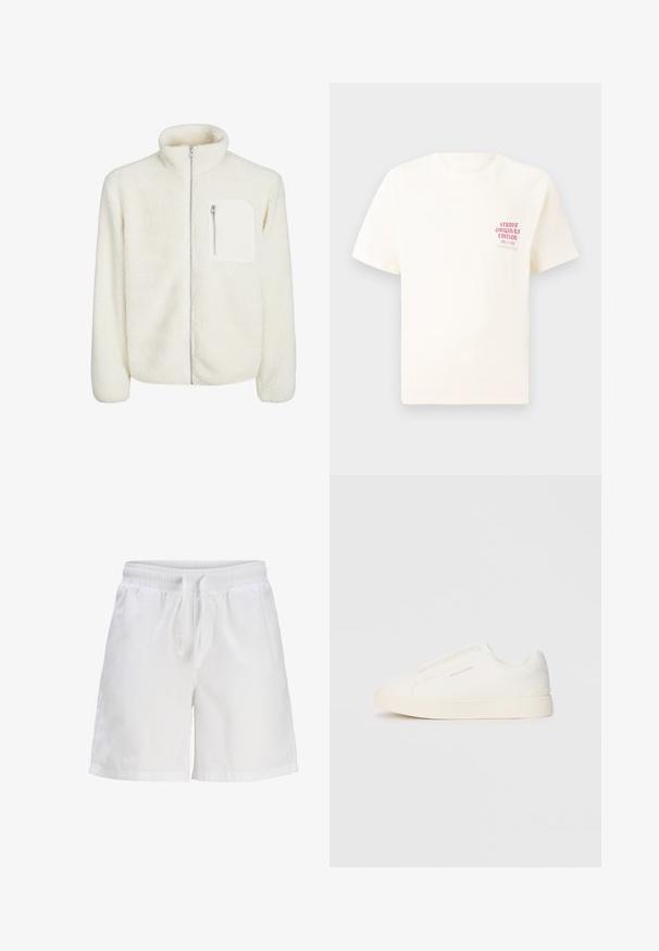 Witte fleec jasje met hoge kraag, ritssluiting aan de voorkant en een klein ritszakje op de borst. Zachte textuur met een pluizige uitstraling.; Witte T-shirt met korte mouwen met rode tekst "Studio Originals Edition" op de linker borst, weergegeven op een neutrale grijze achtergrond.; Witte katoenen shorts met een elastische tailleband en trekkoord. Heeft een relaxte pasvorm en zijzakken.; Witte instap sneakers met een gestructureerd oppervlak, een dikke zool en een minimalistisch ontwerp. Bevat het merklogo aan de zijkant.