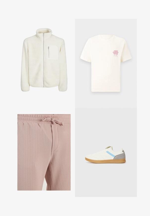 Weiße Fleecejacke mit hohem Kragen, vorderem Reißverschluss und einer kleinen Reißverschlusstasche auf der Brust. Weiche Textur mit einem samtigen Erscheinungsbild.; Weißes T-Shirt mit kurzen Ärmeln und rotem Text "Studio Originals Edition" auf der linken Brust, präsentiert vor einem neutralen grauen Hintergrund.; Rosa gerippte Stoffhose mit elastischem Bund und Kordelzug. Verfügt über seitliche Taschen und vertikale Struktur.; Sneaker mit einem cremfarbenen Obermaterial, blauen Seitestreifen und grauem Fersenelement. Mit einem strukturierten Design und einer Sohle aus Gummi.