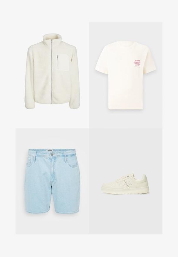 Balta pūkų striukė su aukštu apykakliu, priekiniu užtrauktuku ir mažuoju užtrauktuko kišenėle ant krūtinės. Minkšta tekstūra su pūkuota išvaizda.; Balta trumpa rankovėmis marškinėliai su raudonu užrašu "Studio Originals Edition" kairiajame krūtinės šone, rodomi neutralioje pilkoje aplinkoje.; Pasaulio mėlynos džinsinės šortai, su laisvu kirpimu, turintys penkis kišenes, užsegamus mygtuku ir subtilų išblukusį tekstūrą.; Kremo spalvos sportbačiai su perforuotomis detalėmis, raišteliais ir logotipu šone, išdėstyti prieš paprastą baltą foną.