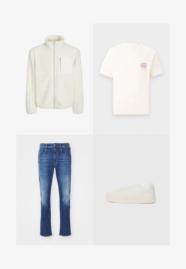 Bela flis jakna z visokim ovratnikom, sprednjim zadrgo in majhnim žepom z zadrgo na prsih. Mehka tekstura z luksuznim videzom.; Bela majica s kratkimi rokavi z rdečim napisom "Studio Originals Edition" na levi strani prsnega koša, prikazana na nevtralnem sivo backgroundu.; Modri jeans iz denima z zbledelimi detajli, petimi žepi ter sprednjim gumbom in zadrgo, prikazani na beli podlagi.; Bela teniska z gladkim usnjenim zgornjim delom in aksesorji iz semšine. Ima perforiran prst, ravne vezalke in gumijast podplat z strukturiranimi detajli.