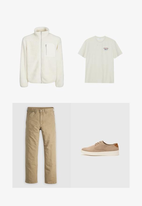 Chaqueta de forro polar blanca con cuello alto, cierre frontal con cremallera y un pequeño bolsillo con cremallera en el pecho. Textura suave con un aspecto esponjoso.; Camiseta de algodón de color crema claro con mangas cortas. Presenta un pequeño gráfico azul y rojo de un marlín y el texto "TROFEO DE MARLÍN".; Pantalones de algodón color caqui con diseño de pierna recta, bolsillos delanteros y cierre de botón. Textura suave y costuras reforzadas para mayor durabilidad.; Zapatillas de ante beige con puntera redondeada, cordones en la parte delantera y un acento texturizado en la parte trasera. La suela de goma blanca proporciona contraste. Diseño sencillo y moderno.