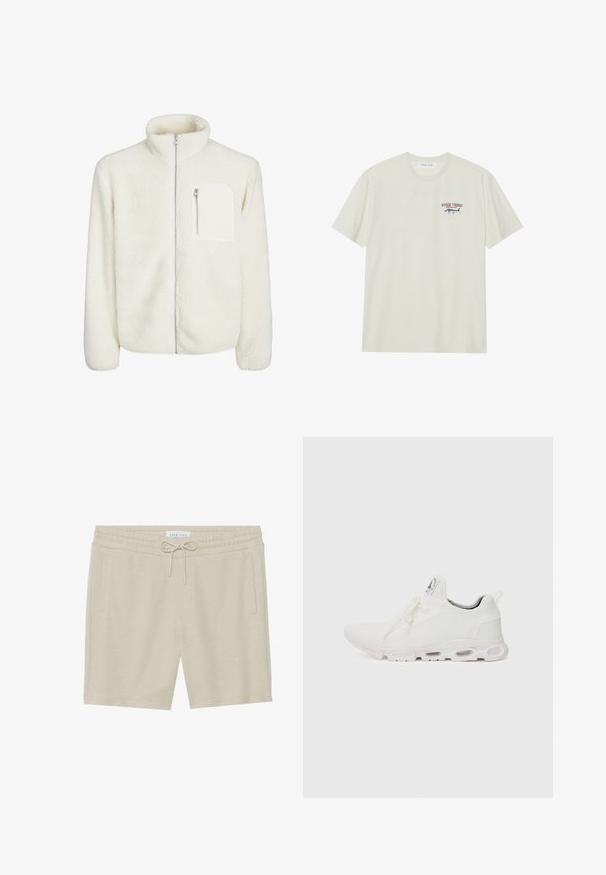 White fleece jacket with high collar, front zip closure, and a small zip pocket on the chest. Soft texture with a plush appearance.; Light cream cotton t-shirt with short sleeves. Features a small blue and red graphic of a marlin and "MARLIN TROPHY" text.; Khaki-colored shorts made of soft fabric, featuring a drawstring waist, two side pockets, and a relaxed fit.; White athletic shoes featuring a textured knit upper, flat laces, and a cushioned sole with visible air chambers for added support.