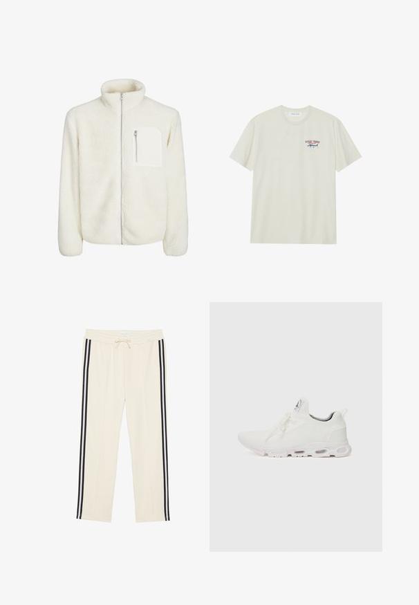 Valkoinen fleece-takki, jossa on korkea kaulus, etuvetoketjukiinnitys ja pieni vetoketjullinen tasku rinnassa. Pehmeä pinta ja luksusmainen ilme.; Vaalean kermanvärinen puuvillapaita, jossa on lyhyet hihat. Sisältää pienen sinisen ja punaisen graafisen kuvan marlinista sekä tekstin "MARLIN TROPHY".; Kermaväriset jogger-housut, joissa on elastinen vyötärö ja säädettävä nyöri. Mukana on kaksi mustaa sivuvarsijousta, jotka kulkevat alas jokaista lahjetta. Pehmeä kangastuntuma.; Valkoiset urheilukengät, joissa on teksturoitu neulepinta, litteät nauhat ja pehmustettu pohja, jossa on näkyvät ilmakammiot lisätuen tarjoamiseksi.