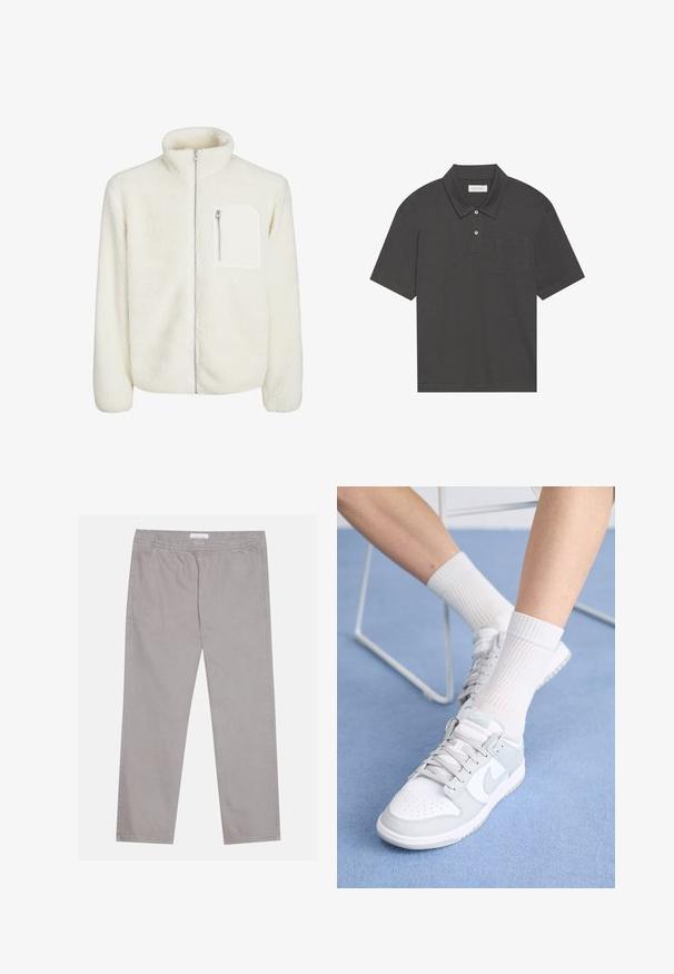 White fleece jacket with high collar, front zip closure, and a small zip pocket on the chest. Soft texture with a plush appearance.; Dark gray polo shirt with a traditional collar, three-button placket, short sleeves, and a left chest pocket. Smooth fabric texture.; Light gray cotton pants with an elastic waistband, two side pockets, straight leg design, and a smooth texture. Simple stitching detail.; White sneakers with light blue accents, leather upper, perforated toe, thick laces, and ribbed white socks against blue background.