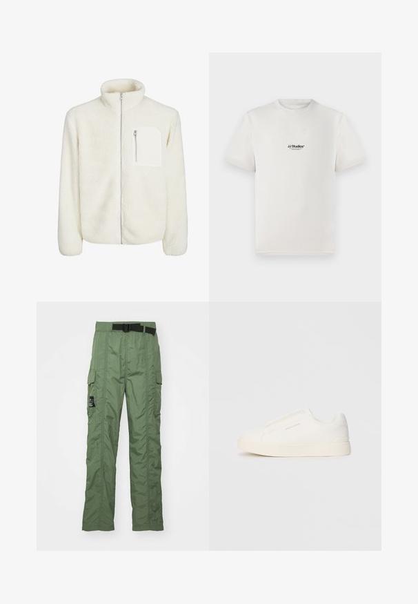 Fehér fleece dzseki magas gallérral, elülső cipzáras záródással és egy kis cipzáras zsebbel a mellrészen. Puha tapintású, plüss megjelenésű.; Fehér pamut póló rövid ujjakkal, a mellkasán fekete "JJ Studios" logóval. Kerek nyakú és standard fit kialakítás.; Olíva zöld cargo nadrág, könnyű szövetből készült. Fekete övvel, oldalsó cargo zsebekkel és varrási részletekkel rendelkezik.; Fehér slip-on sportcipők texturált felülettel, vastag talppal és minimalista dizájnnal. Az oldalon a márka logója található.