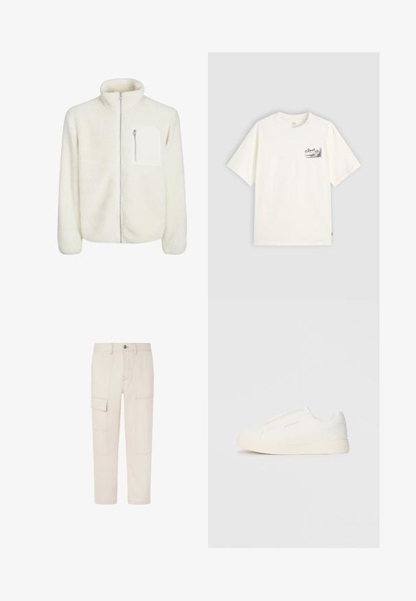 Balta flīsa jaka ar augstu apkakli, priekšējo rāvējslēdzēju un mazu rāvējslēdzēja kabatu uz krūtīm. Mīksta tekstūra ar pūkainu izskatu.; Balts īsām piedurknēm T-krekls, kas izgatavots no kokvilnas, ar melnu grafiku kreisajā krūškurvja daļā, uz kuras ir vārds "Fresh."; Gai beigā krāsa cargo bikses ar vairākiem kabatām, taisna kāju dizains, redzamās šuves un pogu aizdare jostasvietā.; Baltas slip-on sporta apavi ar teksturētu virsmu, biezu zoli un minimālistisku dizainu. Sānos redzams zīmola logotips.