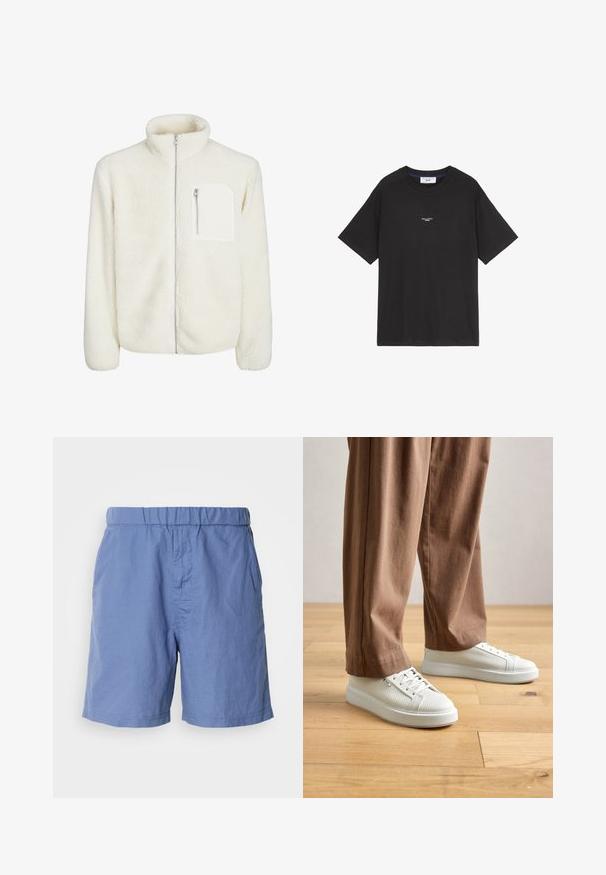 Biela fleecová bunda s vysokým golierom, predným zipsom a malým zipsovým vreckom na hrudi. Mäkká textúra s huňatým vzhľadom.; Čierne bavlnené tričko s okrúhlym výstrihom a krátkymi rukávmi. Má malé biele logo na prednej strane. Jednoduchý dizajn, voľný strih.; Modré, ľahké šortky s elastickým pásom, plochým predným dielom a bočnými vreckami. Vyrobené z mäkkého, priedušného materiálu, vhodné pre teplé počasie.; Osoba v bielych štruktúrovaných nízkych teniskách a vo voľných hnedých nohaviciach, stojaca na svetlej drevenej podlahe.