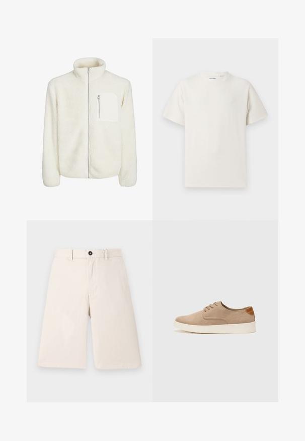 Veste en polaire blanche avec col haut, fermeture éclair sur le devant et une petite poche zippée sur la poitrine. Texture douce avec une apparence duveteuse.; T-shirt blanc à manches courtes en texture côtelée. Encolure ronde, coupe décontractée, sans motifs ni accents visibles. Design simple et polyvalent.; Shorts en coton beige au design droit, dotés d'une fermeture par bouton et de passants de ceinture. Texture lisse sans motifs ni accents.; Baskets en daim beige avec un embout arrondi, un laçage sur le devant et un accent texturé à l'arrière. La semelle en caoutchouc blanche offre un contraste. Design simple et moderne.