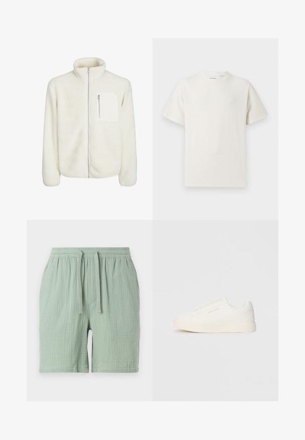 Valge fliiskampsun kõrge kaelusega, ees tõmblukuga ja väike lukuga tasku rinnal. Pehme tekstuur ja luksuslik välimus.; Valge lühikeste varrukatega T-särk ribakudumises. Ümar kaelus, mugav lõige, nähtavad mustrid ega aksessuaarid puuduvad. Lihtne ja mitmekesine disain.; Heledad rohelised puuvillased lühikesed püksid elastse vöökoha ja nööriga. Tekstuuriga, veidi kortsus kangas, mis sisaldab küljetaskut.; Valged libisemiskindlad tossud tekstuuriga pinnaga, paksu tallaga ja minimalistikus disainis. Küljel on brändi logo.