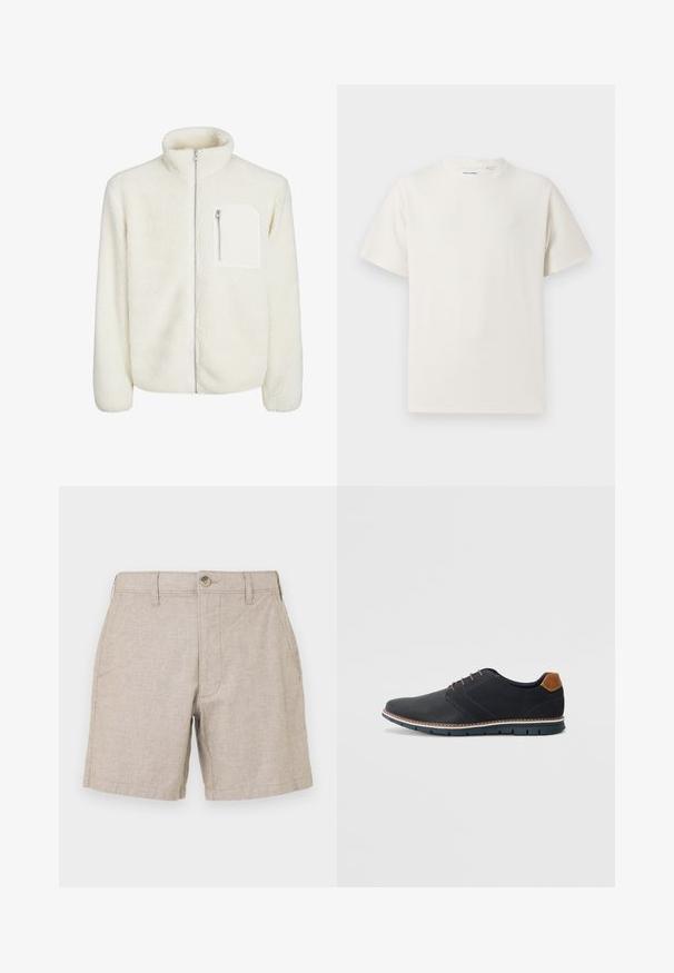 Casaco de fleece branco com colarinho alto, fecho à frente com zíper e um pequeno bolso com zíper no peito. Textura suave com uma aparência peluda.; T-shirt branco de manga curta em textura canelada. Gola redonda, ajuste descontraído, sem padrões ou detalhes visíveis. Design simples e versátil.; Calções de linho bege com frente lisa, duas bolsos laterais e fecho com um único botão. O tecido tem uma textura subtil e é leve.; Sapatos sintéticos pretos com um upper texturizado, pormenores lisos, salto castanho e uma sola contrastante. Apresentam um sistema de atacadores mínimo e detalhes de costura.