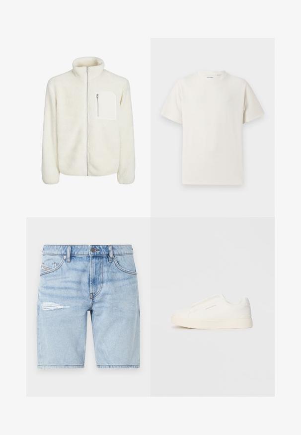 Hvit fleecejakke med høyt nakkekrage, frontlukking med glidelås og en liten glidelåslomme på brystet. Myk tekstur med en luksuriøs utseende.; Hvit T-skjorte med kort erm i ribbestrikket tekstur. Rund hals, avslappet passform, ingen synlige mønstre eller detaljer. Enkelt og allsidig design.; Lyse blå denimshorts med en falmet vask, med et ripet detalj på venstre lår og klassisk fem-lomme design. Metal knappelukking.; Hvite slip-on joggesko med teksturert overflate, tykk såle og minimalistisk design. Har merkevarelogo på siden.