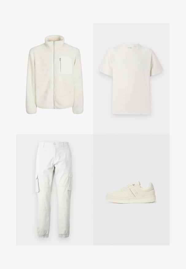 Hvid fleecejakke med høj krave, frontlynlås og en lille lynlås-lomme på brystet. Blød tekstur med et luksuriøst udseende.; Hvid kortærmet T-shirt i ribbet tekstur. Rund halsudskæring, løs pasform, ingen synlige mønstre eller accenter. Enkel og alsidig design.; Lys grå cargobukser med sidelommer, elastiske ankler og knaplukning. Fremstillet af slidstærkt stof med en glat overflade.; Cremefarvet sneaker med perforeret detaljering, snørebånd og logo på siden, præsenteret mod en simpel hvid baggrund.