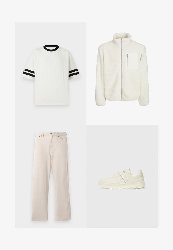 Biała polarowa kurtka z wysokim kołnierzem, zamkiem błyskawicznym z przodu oraz małą kieszonką na zamek na piersi. Miękka tekstura z pluszowym wyglądem.; Biała koszulka sportowa z czarnym prążkowanym okrągłym dekoltem i krótkimi rękawami, z dwiema czarnymi paskami na każdym rękawie. Gładka tekstura, luźny krój.; Beżowe spodnie kordrowe o prostym kroju, z prążkowaną teksturą, pięcioma kieszeniami i zapięciem na guziki.; Kremowe sneakersy z perforowanymi detalami, sznurowadłami i logo z boku, prezentowane na jednolitym białym tle.