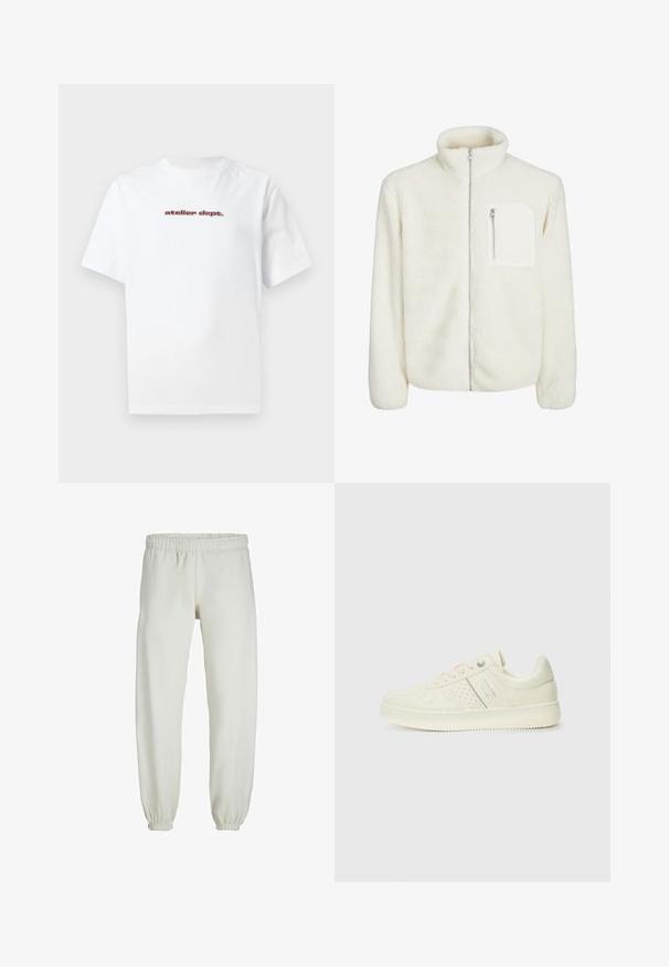 White fleece jacket with high collar, front zip closure, and a small zip pocket on the chest. Soft texture with a plush appearance.; White cotton t-shirt with short sleeves and a crew neckline, featuring red text "atelier dept." printed on the front. Simple design.; White sweatpants made from soft fabric, featuring an elastic waistband and cuffs, with a smooth texture and loose-fitting design.; Cream-colored sneaker with perforated detailing, laces, and logo on the side, displayed against a plain white background.