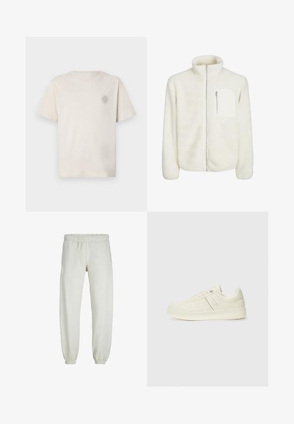 Biała polarowa kurtka z wysokim kołnierzem, zamkiem błyskawicznym z przodu oraz małą kieszonką na zamek na piersi. Miękka tekstura z pluszowym wyglądem.; Kremowa koszulka z krótkim rękawem z bawełny, z małą grafiką słońca na lewej piersi. Prosty okrągły dekolt i luźny krój.; Białe dresy wykonane z miękkiego materiału, z elastycznym pasem i mankietami, o gładkiej fakturze i luźnym kroju.; Kremowe sneakersy z perforowanymi detalami, sznurowadłami i logo z boku, prezentowane na jednolitym białym tle.