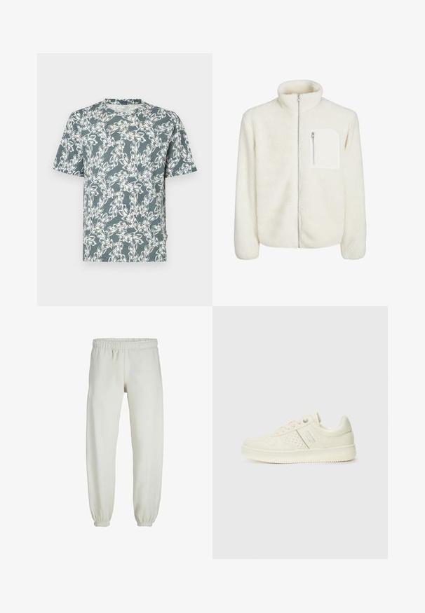 Biela fleecová bunda s vysokým golierom, predným zipsom a malým zipsovým vreckom na hrudi. Mäkká textúra s huňatým vzhľadom.; Tričko s krátkym rukávom v teal farbe, zdobené bielym kvetinovým vzorom. Vyrobené z ľahkej látky s uvoľneným strihom.; Biele teplákové nohavice vyrobené z mäkkej textílie, s elastickým pásom a manžetami, s hladkým povrchom a voľným strihom.; Krémová teniska s perforovanými detailmi, šnúrkami a logom na boku, vystavená na jednoduchej bielej pozadí.