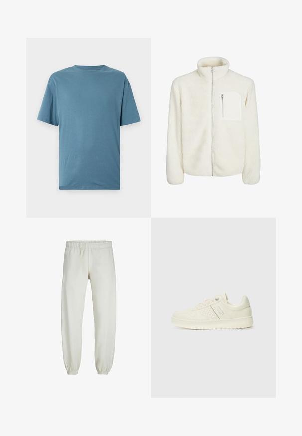 Vit fleecejacka med hög krage, dragkedja fram och en liten dragkedja på bröstet. Mjuk textur med en plyschliknande utseende.; Ljusblå kortärmad t-shirt i mjukt tyg. Har en rund halsringning och en avslappnad passform utan mönster eller utsmyckningar.; Vita sweatpants gjorda av mjukt tyg, med elastisk midja och muddar, samt en slät textur och lös passform.; Krämfärgad sneaker med perforerade detaljer, snören och logotyp på sidan, visad mot en enkel vit bakgrund.