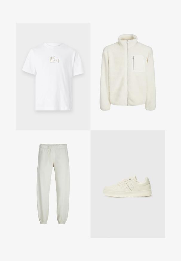 Hvid fleecejakke med høj krave, frontlynlås og en lille lynlås-lomme på brystet. Blød tekstur med et luksuriøst udseende.; Hvid bomulds t-shirt med et guld "THE PLANT" logo trykt på forsiden. Korte ærmer og et klassisk rundhalsdesign.; Hvide sweatpants lavet af blødt stof, med elastisk talje og håndled, der har en glat tekstur og løs pasform.; Cremefarvet sneaker med perforeret detaljering, snørebånd og logo på siden, præsenteret mod en simpel hvid baggrund.
