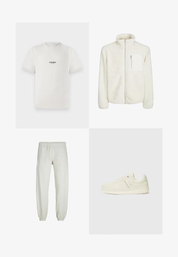 Weiße Fleecejacke mit hohem Kragen, vorderem Reißverschluss und einer kleinen Reißverschlusstasche auf der Brust. Weiche Textur mit einem samtigen Erscheinungsbild.; Weißes Baumwoll-T-Shirt mit kurzen Ärmeln, das ein schwarzes "JJ Studios"-Logo auf der Brust zeigt. Rundhalsausschnitt und Standardpassform.; Weiße Jogginghose aus weichem Stoff, mit elastischem Bund und Säumen, einer glatten Textur und lockerem Schnitt.; Cremefarbene Sneaker mit perforierten Details, Schnürsenkeln und Logo an der Seite, vor einem schlichten weißen Hintergrund präsentiert.