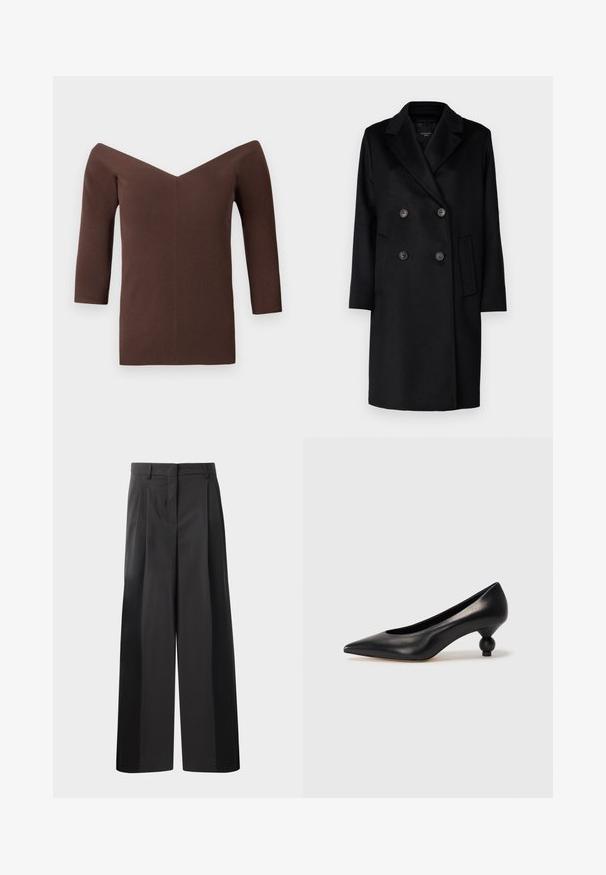 Schwarzer doppeltknöpfbarer Mantel mit scharfen Revers, zwei Knöpfen und Seitentaschen. Hergestellt aus einem strukturierten Stoff, mit gerader Passform und langen Ärmeln.; Braun geripptes Off-Shoulder-Top mit V-Ausschnitt, ausgestattet mit Dreiviertelärmeln und einer figurschmeichelnden Silhouette. Glatte Textur überall.; Schwarze, weit geschnittene Hose mit hoher Taille, versehen mit Frontfalten, einer glatten Textur und einem maßgeschneiderten Finish. Entworfen für eine lockere Passform.; Schwarze Leder-Pumps mit spitzem Zehenbereich und runder, ballförmiger Ferse. Glatte Textur mit einem eleganten, minimalistischen Design.