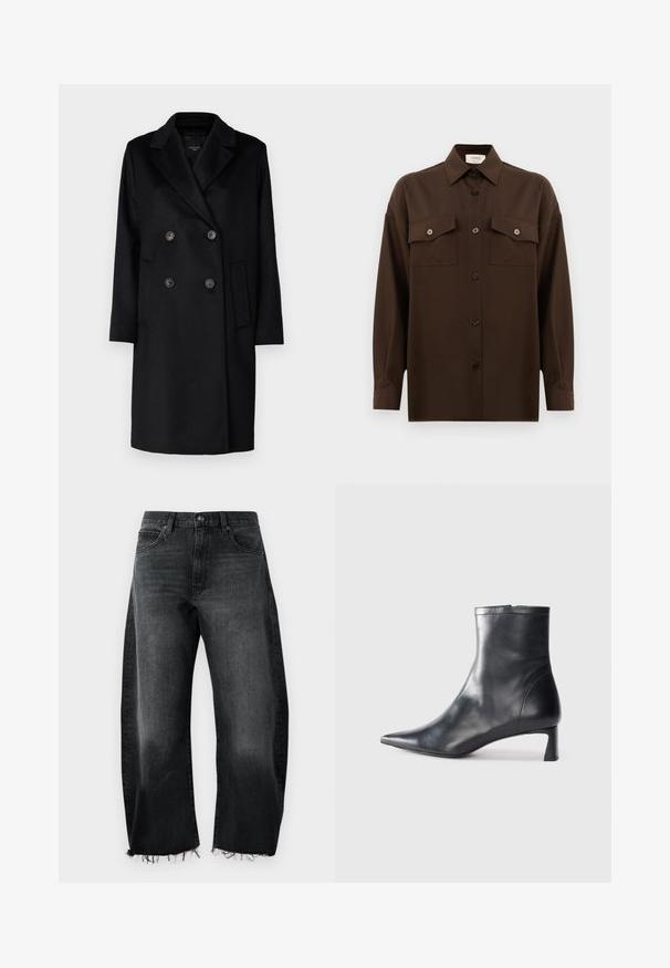 Black double-breasted coat with sharp lapels, two buttons, and side pockets. Made of a textured fabric, featuring a straight cut and long sleeves.; Dark brown long-sleeve button-up shirt with two flap chest pockets and a classic collar, displayed against a plain white background.; Black denim jeans with a wide-leg design, frayed hem, five pockets, and subtle fading; made of sturdy cotton material.; Black leather ankle boot with a pointed toe and a sleek design. Features a low heel and a zipper closure at the back. Smooth texture.