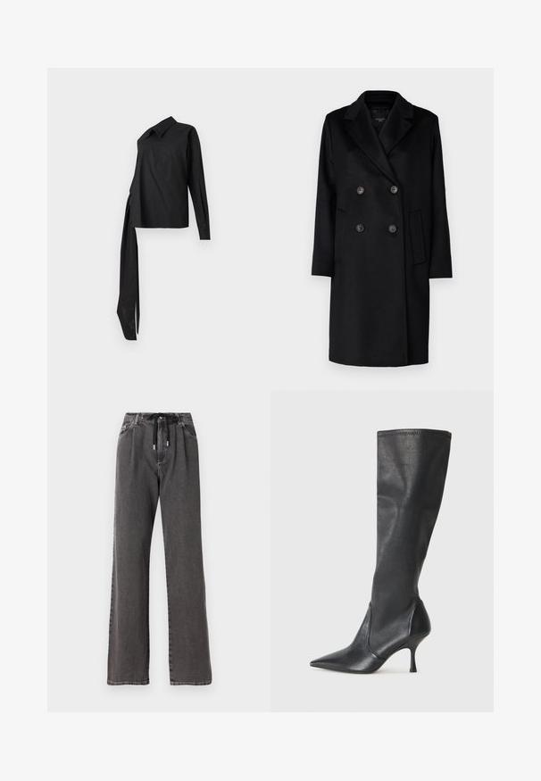 Black double-breasted coat with sharp lapels, two buttons, and side pockets. Made of a textured fabric, featuring a straight cut and long sleeves.; Black long-sleeve shirt made of smooth fabric, featuring a collar, asymmetrical design, and a long side tie for detail.; Wide-leg gray denim pants featuring a drawstring waist and front pockets, crafted from soft, sturdy cotton fabric.; Knee-high black leather boots with a pointed toe and a slim stiletto heel. Smooth texture with a fitted design and stitching at the top edge.