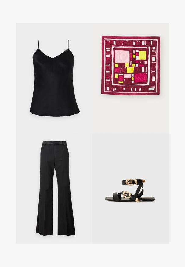 Black double-breasted coat with sharp lapels, two buttons, and side pockets. Made of a textured fabric, featuring a straight cut and long sleeves.; Black satin cami top with adjustable thin straps, V-neck design, and a smooth, draping fit. Hems gently curve at the sides.; Black flared trousers with a smooth fabric finish, featuring a solid waistband and pressed creases for a tailored appearance.; Black leather sandals with gold buckle accents, featuring multiple straps and a flat sole design for open-toe wear.; Abstract artwork featuring a geometric pattern with pink, yellow, and dark red blocks, bordered by alternating dark and light stripes.