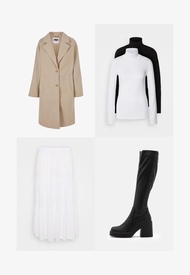 Beige ullblandad kappa med kavajkrage, två knappar, sidofickor och en lös passform. Har en slät, texturerad yta.; Två långärmade polotröjor, en vit och en svart, tillverkade av ett mjukt, elastiskt material, båda med en slim-fit design och höga kragar.; Vit lager-maxikjol i lättviktsmaterial, med elastisk midja och ett flödande utseende med subtila samlingsdetaljer.; Svarta knähöga stövlar tillverkade av slät syntetmaterial, med en tjock klack och en strömlinjeformad design med elastisk topp.