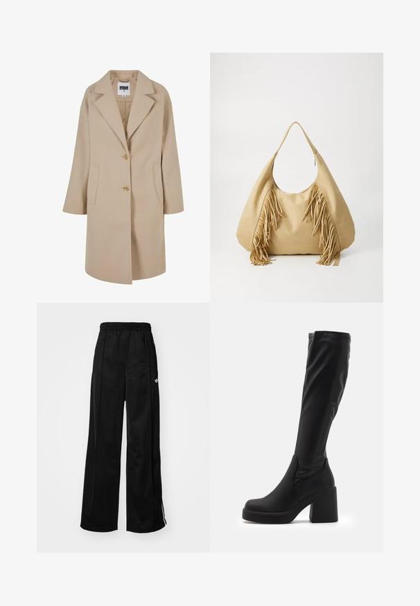 Manteau en mélange de laine beige avec un col à revers, deux boutons, poches latérales et coupe loose. Présente une finition lisse et texturée.; T-shirt blanc à manches courtes en coton, avec un col rond et une coupe décontractée. Texture lisse et sans motifs ni embellissements visibles.; Pantalons de survêtement larges noirs avec une taille élastique, ornés de bandes latérales blanches et d'un petit logo sur la hanche gauche. Texture de tissu lisse.; Bottes noires montantes en matériau synthétique lisse, dotées d'un épais talon carré et d'un design épuré avec un haut élastiqué.; Sac à épaule en daim beige avec une grande ouverture et de longs accessoires en frange de chaque côté, présentant une texture lisse et une seule anse.