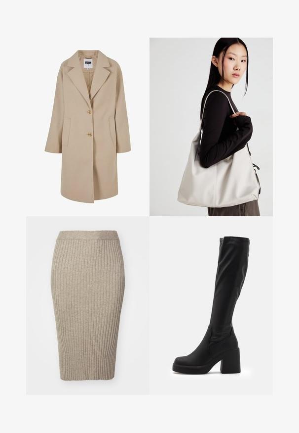 Bež villasegude ülikond, millel on lõhenenud krae, kaks nööpi, küljetaskud ja lahtine lõige. Omab siledat, tekstuuri. ; Pruun pikka varrukaga turtleneck särk, mis on valmistatud soonikust tekstiilist; sellel on kõrge, volditud krae ja lõdva lõikega sirge alumine äär.; Beige kampsuni pikkseelik vertikaalse sooniku tekstuuriga, kesk-sääre pikkusega ja elastse vöökohtaga, tagab lähedase välimuse.; Mustad kuni põlve saapad, mis on valmistatud siledast sünteetilisest materjalist, paksu plokkkontsaga ja voolujoonelise disainiga, millel on elastne ülemine osa.; Bež käekott pehme materjali, millel on lõtv disain, õmblustega detailid ja kaks õlarihma. Sobib igapäevaseks kasutamiseks.