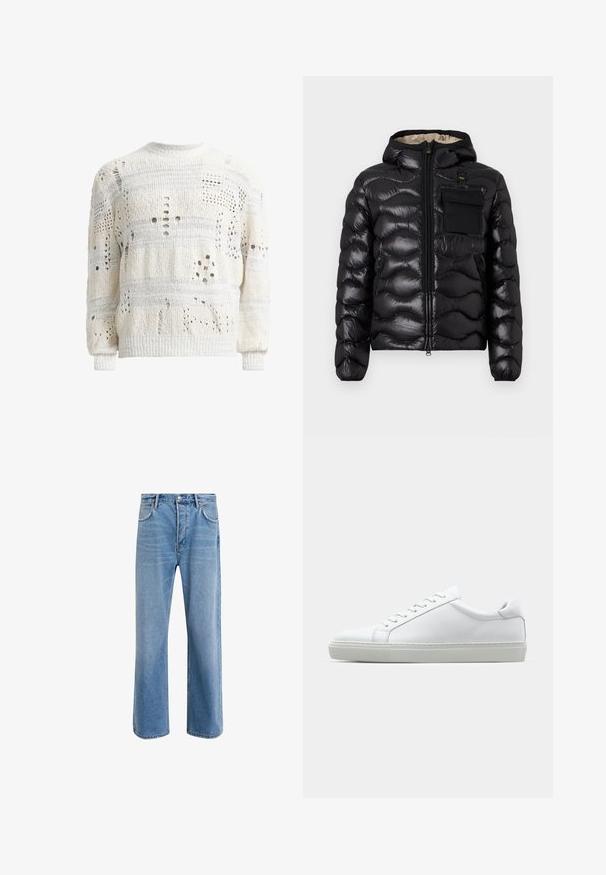 Doudoune noire avec capuche, design matelassé, fermeture éclair à l'avant et poche poitrine. Fabriquée en tissu brillant et texturé avec des poignets élastiques.; Pull en tricot blanc avec divers motifs découpés, présentant une surface texturée et des poignets côtelés. Conception à col rond, coupe légèrement oversize.; Jeans en denim bleu clair avec une coupe droite, cinq poches, fermeture à bouton, peu d'usure et des détails de couture contrastés.; Sneaker blanche avec une tige en cuir lisse et un profil bas. Présente un bout arrondi, six œillets et une semelle en caoutchouc texturé.