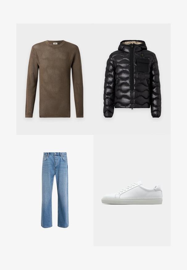 Črna puhovka s kapuco, s prešitim dizajnom, z zadrgo spredaj in žepom na prsih. Ima sijoč, teksturiran material in elastične manšete.; Rjava pletena jopica z dolgimi rokavi in teksturiranim, odprtim tkanjem. Zaokrožen izrez in krožna manšeta dopolnjujeta obliko.; Svetlo modre denim kavbojke s ravno nogavico, petimi žepi, z gumbom za zapiranje, minimalnim zbledelostjo in kontrastnimi šivi.; Bela športna obutev z gladkim usnjenim zgornjim delom in nizkim profilom. Ima zaokrožen nos, šest lukenj za vezalke in teksturiran gumijast podplat.