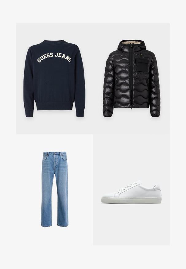 Čierna nadýchaná bunda s kapucňou, prešitou konštrukciou, predným zipsom a vreckom na hrudi. Vlastnosti zahŕňajú lesklú, textúrovanú látku s elastickými manžetami.; Tmavomodrý pletený sveter s okrúhlym výstrihom a rebrovanými manžetami, s výšivkou "GUESS JEANS" v krémovej farbe na hrudi.; Svetlo modré denimové džínsy so strihom rovného nohu, päť vreciek, zapínanie na gombík, minimálne vyblednutie a kontrastné švy.; Biele tenisky s hladkým koženým zvrškom a nízkym profilom. Majú zaoblenú špičku, šesť očiek a štruktúrovanú gumovú podrážku.