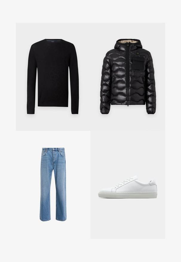 Čierna nadýchaná bunda s kapucňou, prešitou konštrukciou, predným zipsom a vreckom na hrudi. Vlastnosti zahŕňajú lesklú, textúrovanú látku s elastickými manžetami.; Čierny sveter s okrúhlym výstrihom a dlhými rukávmi. Obsahuje textúrovaný vzor a rebrované manžety pre priliehavý strih.; Svetlo modré denimové džínsy so strihom rovného nohu, päť vreciek, zapínanie na gombík, minimálne vyblednutie a kontrastné švy.; Biele tenisky s hladkým koženým zvrškom a nízkym profilom. Majú zaoblenú špičku, šesť očiek a štruktúrovanú gumovú podrážku.