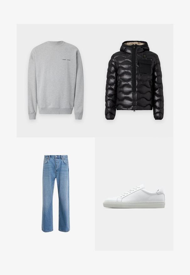 Czarna kurtka puchowa z kapturem, pikowany wzór, zamek z przodu i kieszeń na piersi. Posiada błyszczący, teksturowany materiał oraz elastyczne mankiety.; Szara bluza z bawełny z dodatkiem włókien syntetycznych, z prążkowanym dekoltem i mankietami. Mały czarny napis logo na piersi. Gładka faktura i luźny krój.; Jasnoniebieskie dżinsy o prostym kroju, pięć kieszeni, zapięcie na guzik, minimalne blaknięcia i kontrastowe wykończenia szwów.; Białe sneakersy z gładką skórzaną cholewką i niskim profilem. Posiadają okrągły nos, sześć dziurek na sznurówki oraz teksturowaną gumową podeszwę.