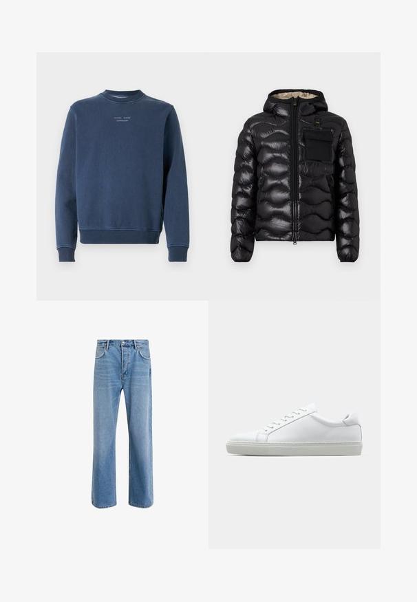 Svart puffjakke med hette, quiltet design, glidelås foran og brystlomme. Har blankt, strukturert stoff med elastiske mansjetter.; Mørkeblå hettegenser laget av teksturert bomull. Har rund hals, lange ermer og ribbestrikkede mansjetter. Merkevare synlig på brystet.; Lys blå denimjeans med rett ben-design, fem lommer, knappeåpning, minimal falming og kontrasterende sømdetaljer.; Hvit sneakers med en glatt skinnoverdel og lav profil. Har en rund tå, seks snøring hull, og en teksturert gummisåle.