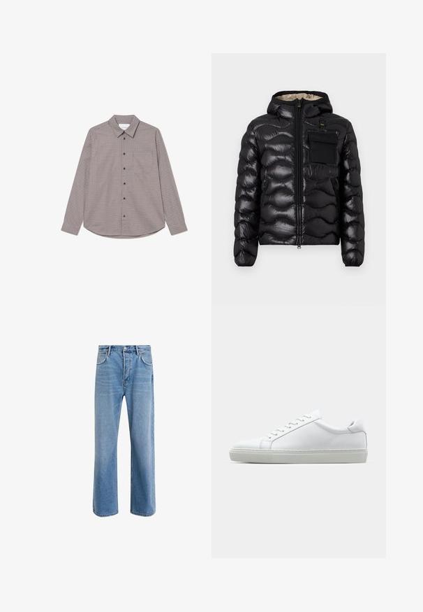 Svart puffjakke med hette, quiltet design, glidelås foran og brystlomme. Har blankt, strukturert stoff med elastiske mansjetter.; Langermet skjorte med knapper i brun og beige rutete mønster. Har krage, brystlomme og svarte knapper foran.; Lys blå denimjeans med rett ben-design, fem lommer, knappeåpning, minimal falming og kontrasterende sømdetaljer.; Hvit sneakers med en glatt skinnoverdel og lav profil. Har en rund tå, seks snøring hull, og en teksturert gummisåle.