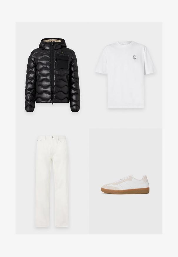 Crna puf jakna s kapuljačom, quilted dizajn, prednji zatvarač i džep na prsima. Ima sjajnu, teksturiranu tkaninu s elastičnim manžetama.; Bijela pamučna majica s opuštenim krojem, s malim crnim grafičkim logotipom na lijevoj prečki. Kratki rukavi, okrugli izrez.; Bijele traperice s ravnim nogavicama, zatvaranjem na dugme i munju, dizajnom s pet džepova i bez vidljivih uzoraka ili naglaska.; Bijela i bež tenisica s elementima od kože i ante. Ima gumeni potplat, dizajn s vezicama i minimalističke bočne pruge.