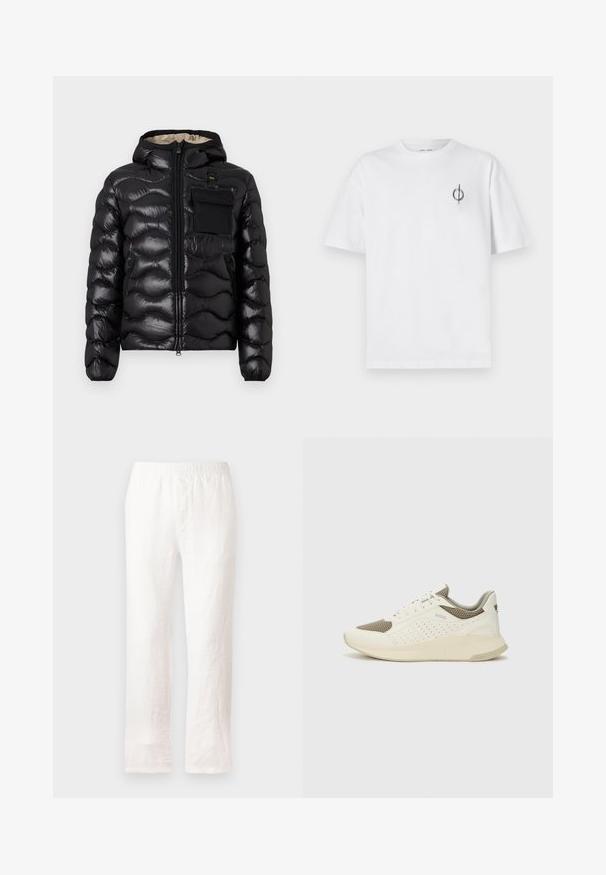 Zwarte pufferjack met capuchon, gewatteerd ontwerp, ritssluiting aan de voorkant en een borstzak. Heeft een glanzende, gestructureerde stof met elastische manchetten.; Witte katoenen t-shirt met een ontspannen pasvorm, voorzien van een klein zwart graphic logo op de linkerkant van de borst. Korte mouwen, ronde hals.; Witte linnen broek met een elastische tailleband, rechte pijpen en een enigszins gestructureerde stof. Geen patronen of extra details.; Witte en lichtbeige sport sneaker, met een bovenwerk van mesh, geperforeerde details en een gestructureerde tussenzool met branding op de hiel.