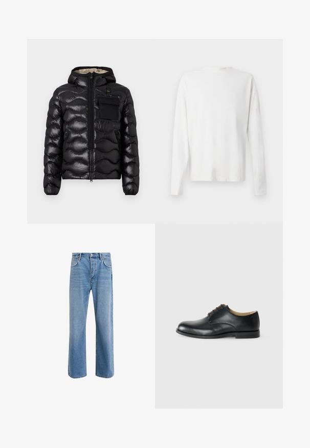 Schwarze Pufferjacke mit Kapuze, gestepptem Design, Reißverschluss vorne und einer Brusttasche. Aus glänzendem, strukturiertem Stoff mit elastischen Bündchen.; Langärmliges weißes Baumwollhemd mit rundem Ausschnitt, seitlichen Schlitzen am unteren Rand und glatter Textur, von hinten präsentiert.; Helle blaue Jeans im Geradeschnitt-Design, mit fünf Taschen, Knopfverschluss, minimaler Ausbleichung und kontrastierenden Nähdetails.; Calvin Klein Business-Schnürer - triple black