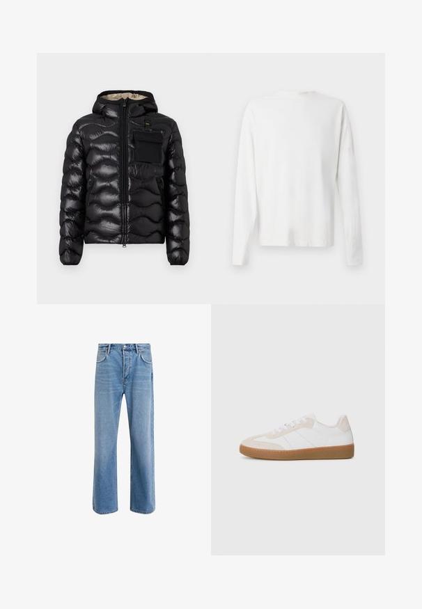 Black puffer jacket with a hood, quilted design, zipper front, and a chest pocket. Features shiny, textured fabric with elastic cuffs.; Long-sleeved white cotton shirt with a round neckline, side slits at the bottom, and a smooth texture, displayed from the back.; Light blue denim jeans with a straight-leg design, five pockets, button closure, minimal fading, and contrasting stitching details.; White and beige sneaker with suede and leather elements. Features a rubber sole, lace-up design, and minimalist side stripes.
