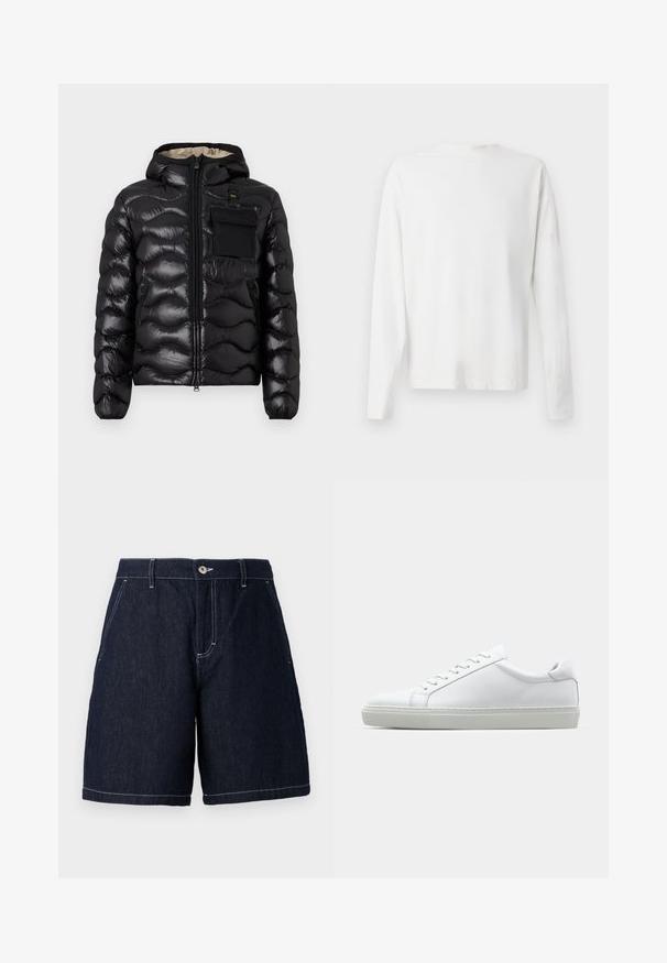 Zwarte pufferjack met capuchon, gewatteerd ontwerp, ritssluiting aan de voorkant en een borstzak. Heeft een glanzende, gestructureerde stof met elastische manchetten.; Witte katoenen blouse met lange mouwen en een ronde halslijn, met zijsplitten aan de onderkant en een gladde textuur, vanuit de achterkant weergegeven.; Donkerdenim short met een rechte snit. Voorzien van een knoopsluiting, voorkeurszakken en contrasterende witte stiksels langs de randen.; Witte sneaker met een gladlederen bovenwerk en een laag profiel. Voorzien van een ronde neus, zes vetergaatjes en een gestructureerde rubberen zool.
