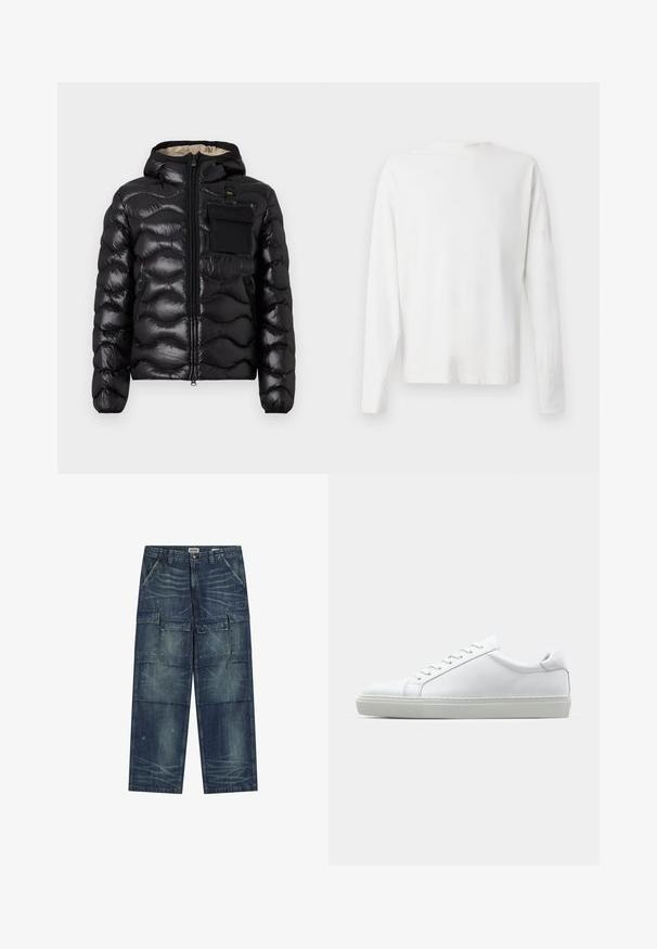 Zwarte pufferjack met capuchon, gewatteerd ontwerp, ritssluiting aan de voorkant en een borstzak. Heeft een glanzende, gestructureerde stof met elastische manchetten.; Witte katoenen blouse met lange mouwen en een ronde halslijn, met zijsplitten aan de onderkant en een gladde textuur, vanuit de achterkant weergegeven.; Denim cargo broeken in donkerblauw, met meerdere zakken aan de voorkant en zijkanten, een relaxte pasvorm, zichtbare stiksels en een iets versleten afwerking.; Witte sneaker met een gladlederen bovenwerk en een laag profiel. Voorzien van een ronde neus, zes vetergaatjes en een gestructureerde rubberen zool.