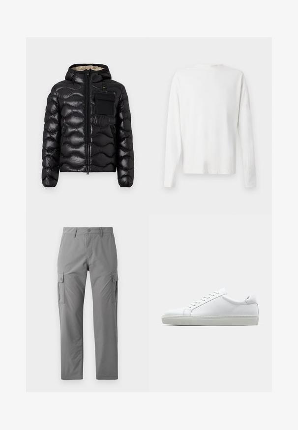 Fekete puffdzseki kapucnival, steppelt mintával, cipzáras elülső résszel és mellzsebbel. Fényes, struktúrált anyagból készült, rugalmas mandzsettákkal.; Hosszú ujjú fehér pamut ing kerek nyakkivágással, az alján oldalsó hasítékokkal és sima textúrával, hátulról bemutatva.; Jack & Jones JPSTKARL KURTIS SNAP TECH - Oldalzsebes nadrágok - castle rock; Fehér sportcipő sima bőr felső résszel és alacsony profilsal. Kerek orr, hat fűzőlyuk és barázdált gumitalp jellemzi.
