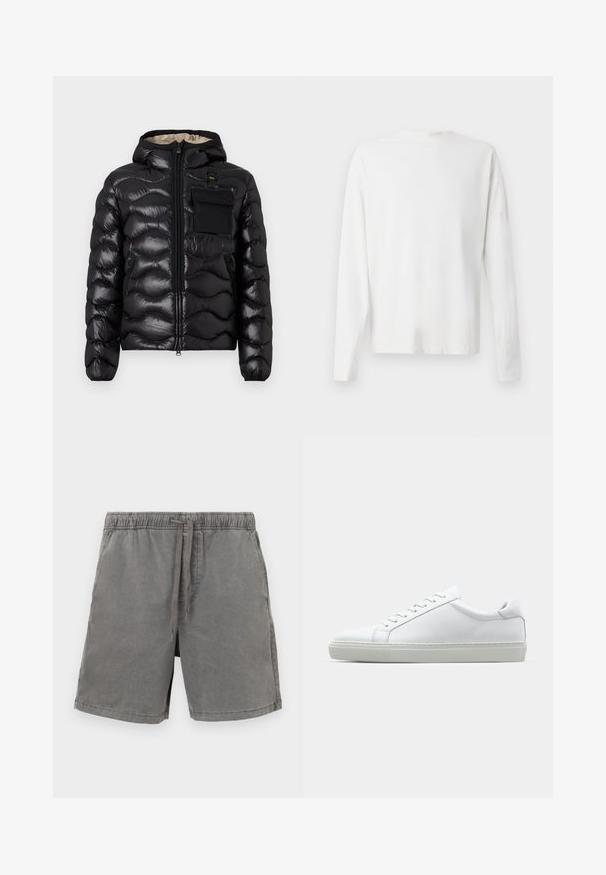 Svart puffjakke med hette, quiltet design, glidelås foran og brystlomme. Har blankt, strukturert stoff med elastiske mansjetter.; Langermet hvit bomullsskjorte med rund hals, sidespalter nederst og en jevn tekstur, vist fra baksiden.; Grå bomullsshorts med elastisk linning og snor, rett snitt og enkle sidelommer. Glatt tekstur og uformelt design.; Hvit sneakers med en glatt skinnoverdel og lav profil. Har en rund tå, seks snøring hull, og en teksturert gummisåle.