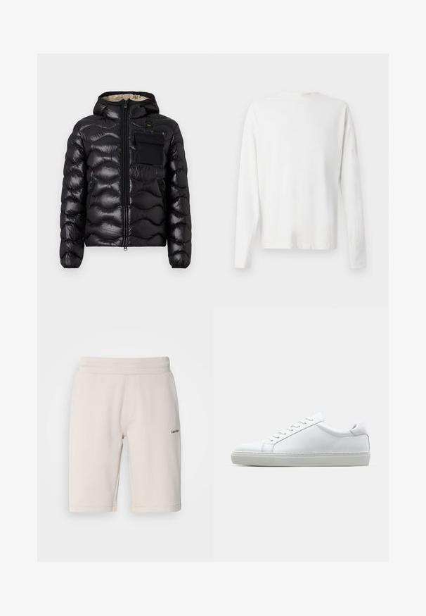 Schwarze Pufferjacke mit Kapuze, gestepptem Design, Reißverschluss vorne und einer Brusttasche. Aus glänzendem, strukturiertem Stoff mit elastischen Bündchen.; Langärmliges weißes Baumwollhemd mit rundem Ausschnitt, seitlichen Schlitzen am unteren Rand und glatter Textur, von hinten präsentiert.; Helle beige Sweatshorts aus Baumwollmischung, mit einem elastischen Bund, Seitentaschen und kleinem schwarzen Logodetail an einem Bein.; Weißer Sneaker mit glattem Lederobermaterial und niedrigem Profil. Verfügt über eine runde Zehenpartie, sechs Ösen und eine strukturierte Gummisohle.