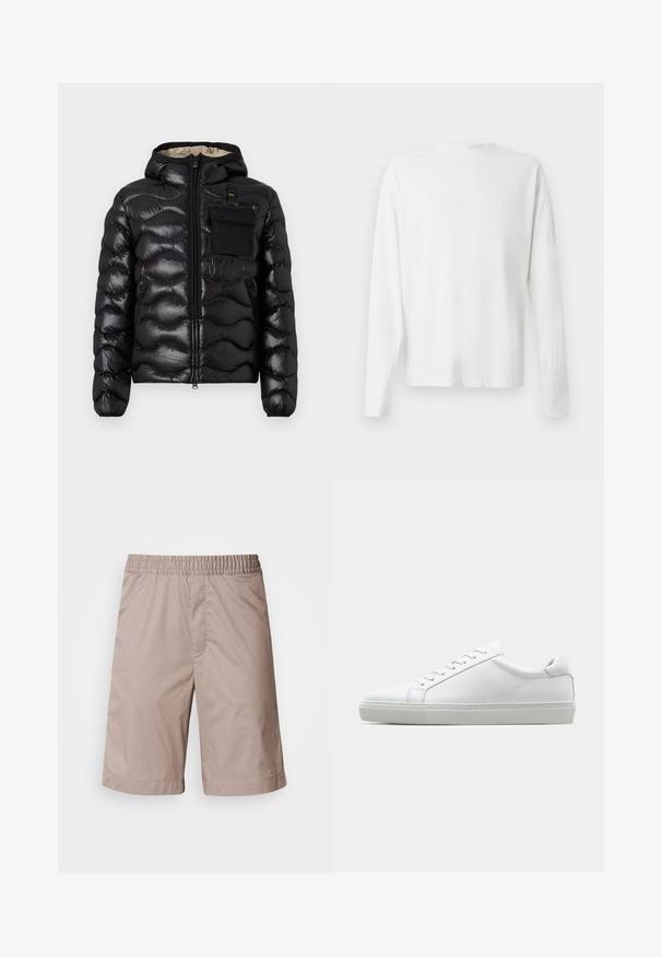 Giacca a vento nera con cappuccio, design trapuntato, chiusura con zip sul davanti e tasca sul petto. Presenta un tessuto lucido e testurizzato con polsini elasticizzati.; Camicia bianca in cotone a maniche lunghe con scollatura rotonda, spacchi laterali in fondo e una texture liscia, mostrata da dietro.; Pantaloni corti beige con cintura elasticizzata, texture liscia, taglio lungo fino al ginocchio e senza motivi visibili o dettagli in metallo.; Sneaker bianco con tomaia in pelle liscia e profilo basso. Presenta una punta arrotondata, sei occhielli e una suola in gomma testurizzata.
