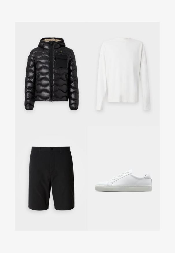 Chaqueta acolchada negra con capucha, diseño acolchado, cierre frontal con cremallera y un bolsillo en el pecho. Presenta una tela brillante y texturizada con puños elásticos.; Camisa de algodón blanca de manga larga con cuello redondo, aberturas laterales en la parte inferior y una textura suave, exhibida desde la parte de atrás.; Bermudas negras fabricadas con un tejido suave y ligero. Cuentan con un cierre de botón y un corte limpio y recto sin patrones visibles.; Zapatilla blanca con parte superior de cuero liso y perfil bajo. Presenta una puntera redondeada, seis ojales y una suela de goma texturizada.