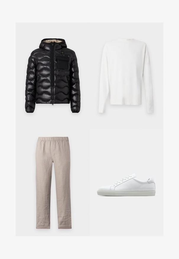 Crna puf jakna s kapuljačom, quilted dizajn, prednji zatvarač i džep na prsima. Ima sjajnu, teksturiranu tkaninu s elastičnim manžetama.; Bijela pamučna košulja dugih rukava s okruglim izrezom, bočnim prorezima pri dnu i glatkom teksturom, prikazana s leđa.; Svijetlosmeđe lanene hlače s elastičnom waistbandom, ravnog kroja i bez vidljivih džepova. Glatka tekstura s laganim nabranjima.; Bijela tenisica s glatkim kožnim gornjim dijelom i niskim profilom. Ima zaobljen vrh, šest rupica za vezanje i teksturiranu gumenu podlogu.